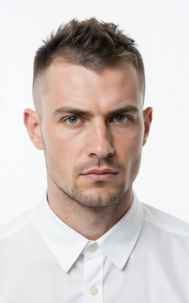 A French male model with a Mohawk, wearing a shirt, against a white background, in a front   facing bust portrait